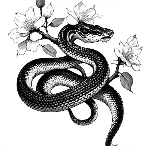 Snake With Cherry Blossoms In Fine Black Fine Line Like The Lakestone Book