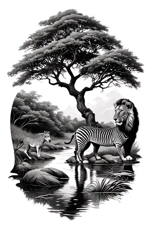 Savanna Tree With River And A Zebra And Lion