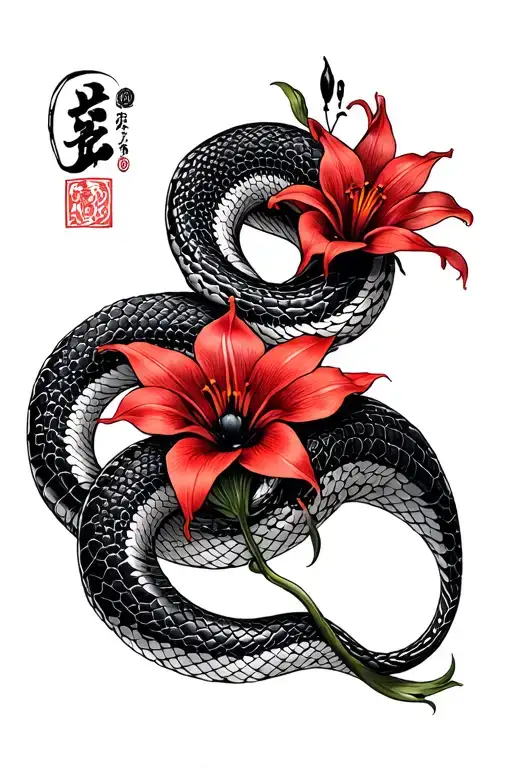 Tradi Japanese Style Snake With Red Spider Lilly Flower