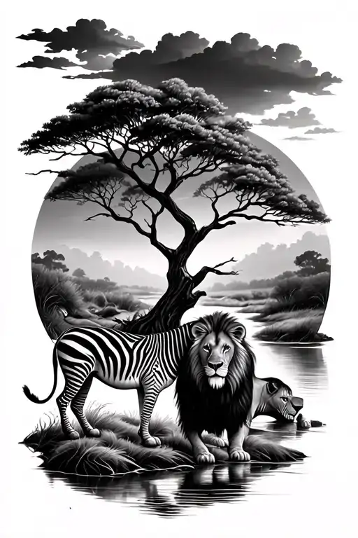 Savanna Tree With River And A Zebra And A Lion