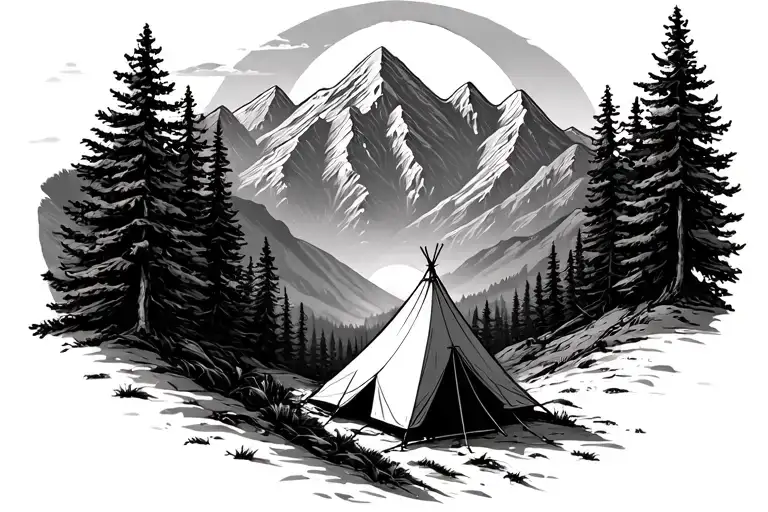 Mountain Range With Scattered Trees And A Small Tent At Sunset