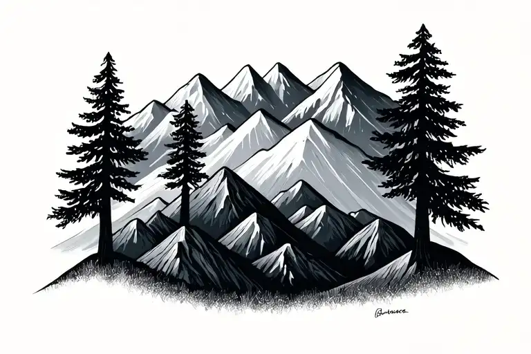 Simple Minimalist Mountain Range With Light Shading And Scattered Trees