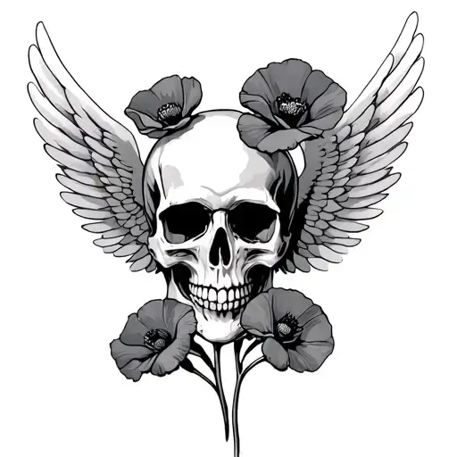 Skull With Wings And Three Poppys