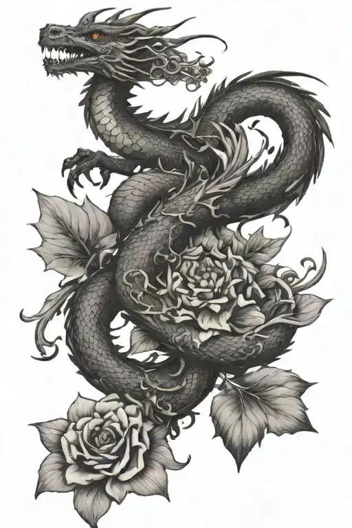 Dragon Flying Away With Flowers Intertwined