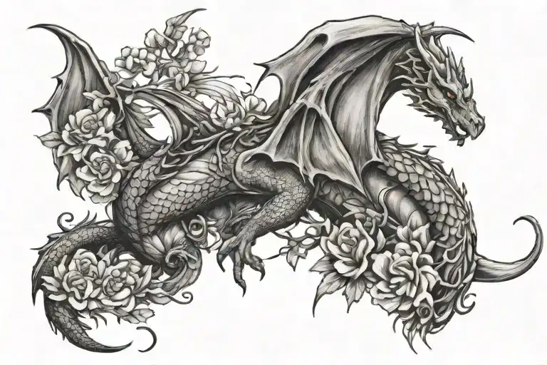 Winged Dragon Flying Away With Flowers Intertwined