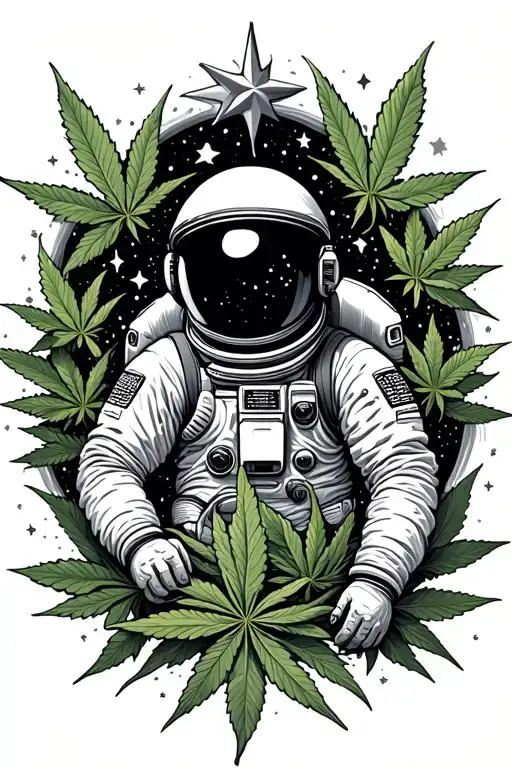 Marijuana Leaves And Stars Surrounding A Astronaut In Space