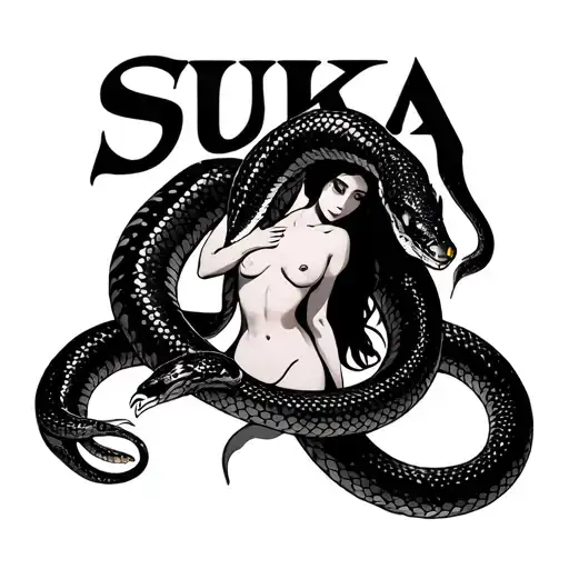 Snake Entwined With A Woman With The Word Suka Above It
