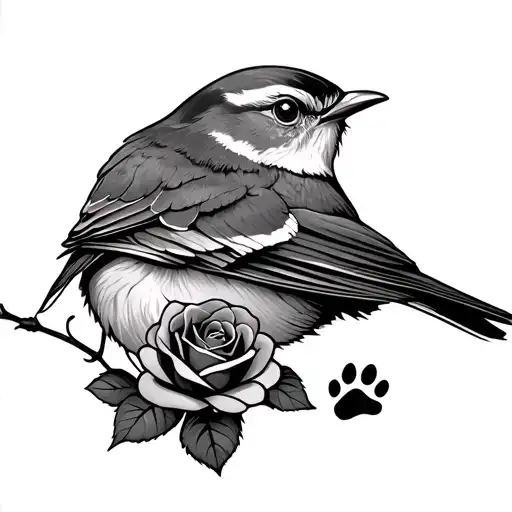 Robin With A Rose And Paw Print