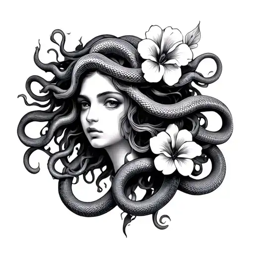 Medusa With 8 Snakes As Hair And 3 Flowers