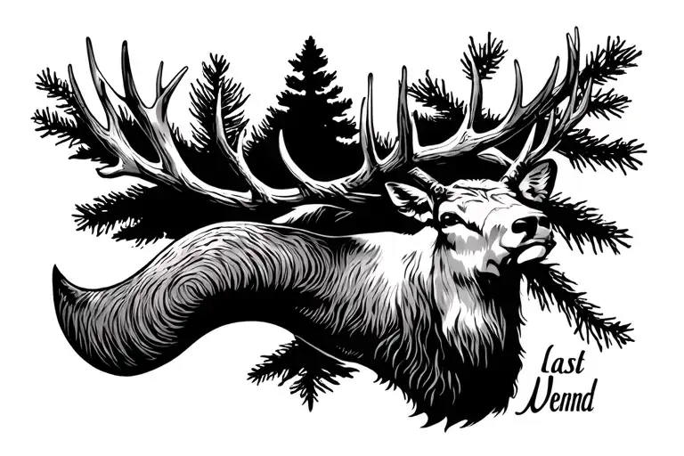 Last Name Horn With Elk Sheds And Pine Tree Branch