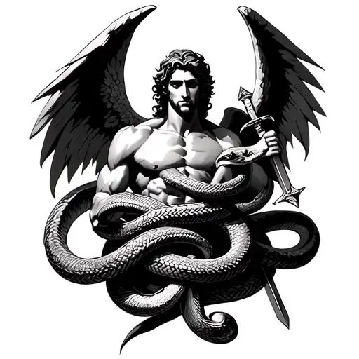 Saint Michael Defeating Snake Wrapped Tightly Around Body While Holding Sword