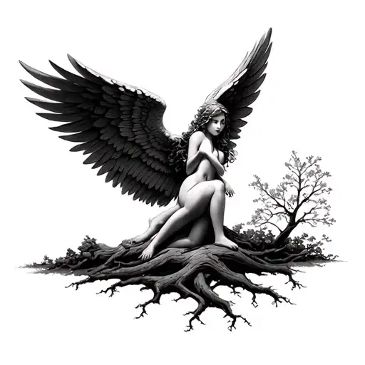 Fallen Angel With Wings Reaching Towards Life Tree