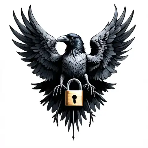 Raven With Wings Outspread With A Lock In The Center Of Its Chest