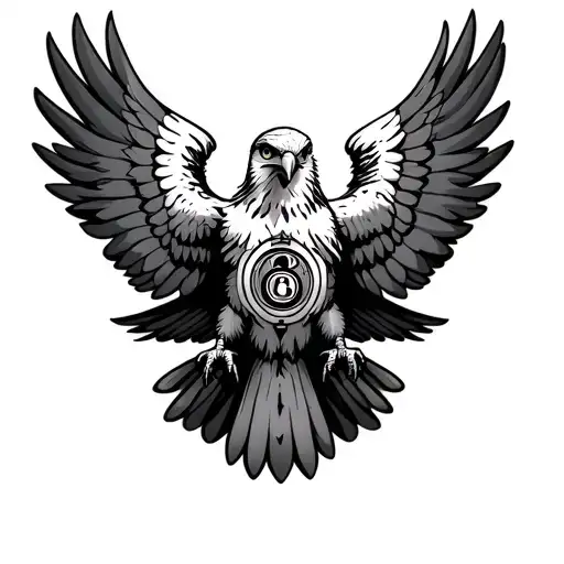 Hawk With Wings Outspread With A Lock In The Center Of Its Chest