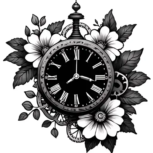 Hand Clock With Gears In The Middle And With Lili Flowers Surrounded
