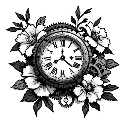 Hand Clock With Gears In The Middle And With Lili Flowers Surrounded