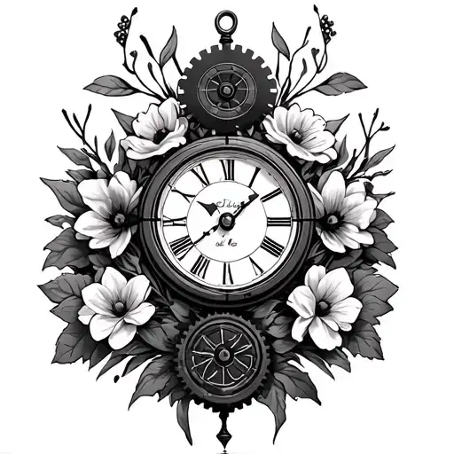 Hand Clock With Gears In The Middle And With Lili Flowers Surrounded