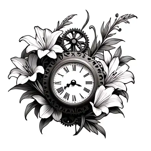 Hand Clock With Gears Surrounded By Lilies