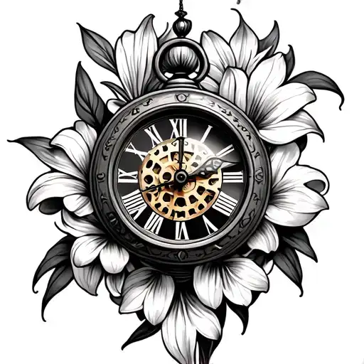 Hand Clock With Gears In The Middle Of Clock Surrounded By Lilies