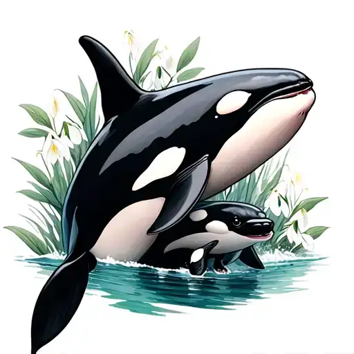 Mom Orca And Baby Orca With Snowdrop Flowers
