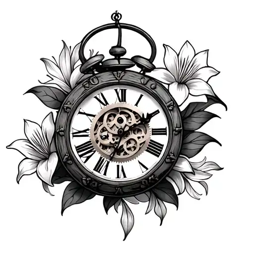 Hand Clock With Gears In The Middle Of Clock Surrounded By Lilies