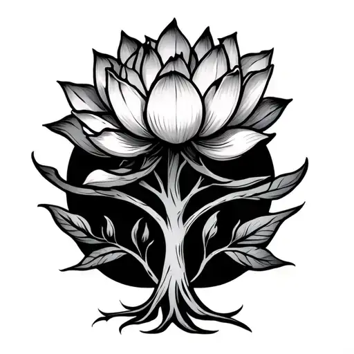 Lotus Flower And Inifity Sign With Upside Oak Tree