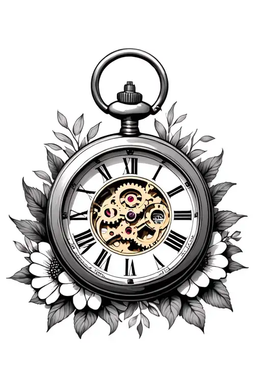 Pocket Watch With Gears Inside The Middle With Flowers Around It