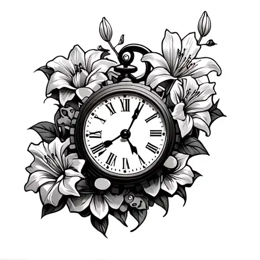 Hand Clock With Gears In The Middle Of Clock Surrounded By Lilies And Roses