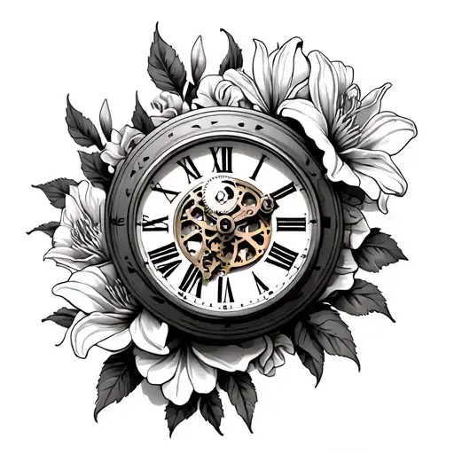 Hand Clock With Gears In The Middle Of Clock Surrounded By Lilies And Roses