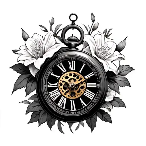 Hand Clock With Gears In The Middle Of Clock Surrounded By Lilies And Roses