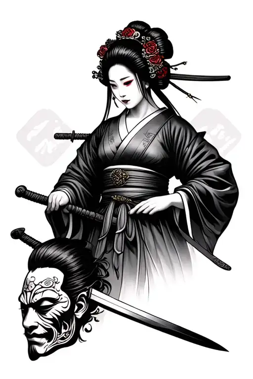 Geisha Holding A Sword And Severed Samurai Head Tattoo Holding