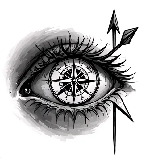 Tattoo Of An Eye With A Compass Inside And An Arrow Pointing Up