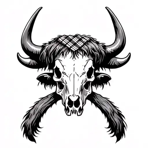 Highland Coo Skull With Tartan Strip On Horn Skull