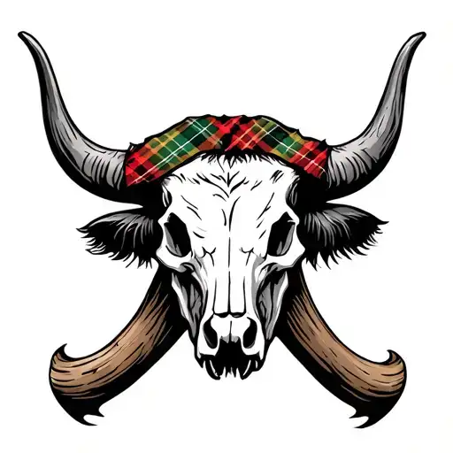 Highland Coo Skull With Tartan Strip On Horn Skull