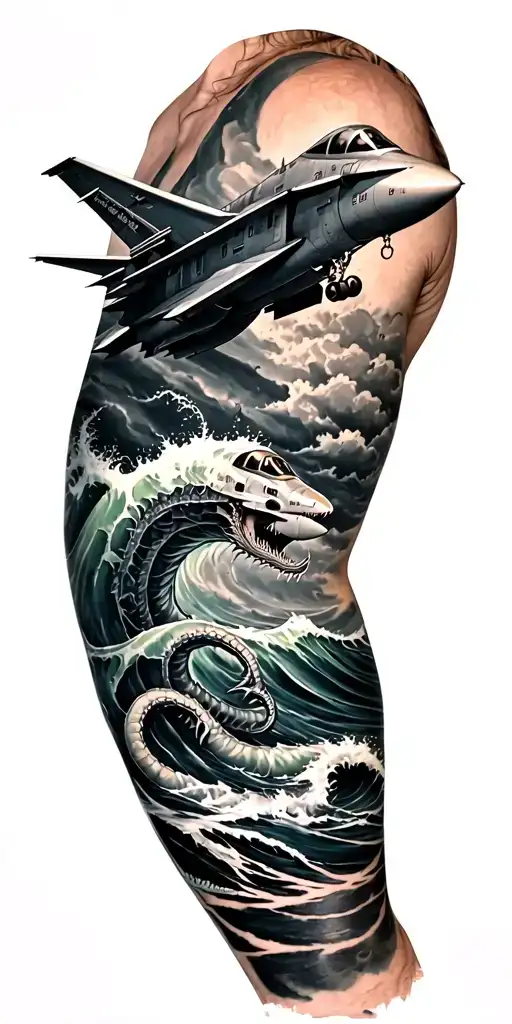 Nautical Sleeve With An F-18 On The Shoulder Above The Waves With A Kraken Underwater