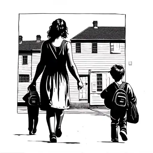 Mother Walking Her Son To School Tattoo Outline