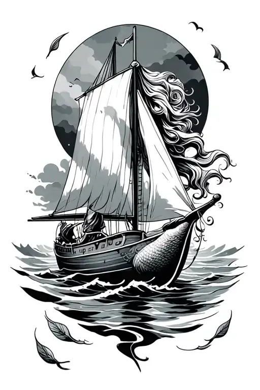 Sail Boat And Mermaid Swimming