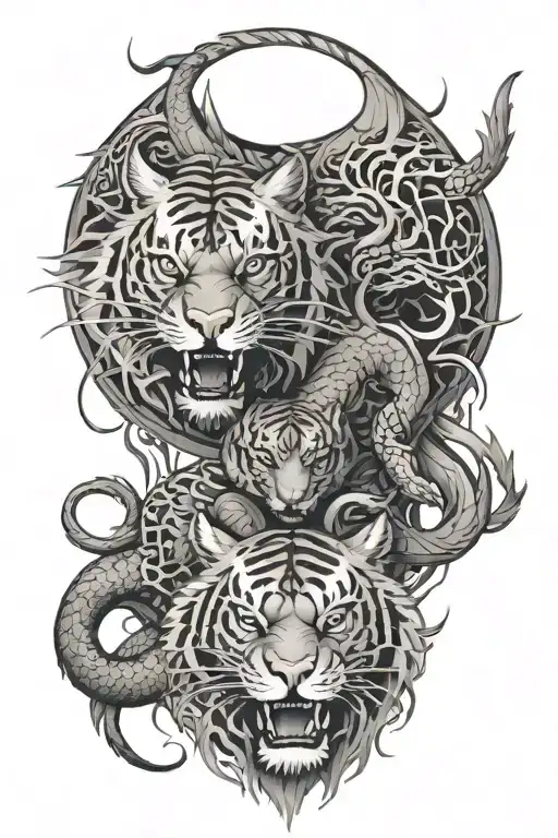 Dragon And Tiger Emerging Centrically In Symmetry