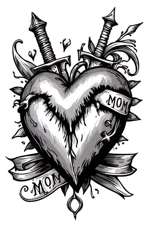 Heart With Dagger Piercing Mom Written