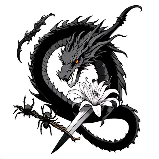 Dragon With Spider Lily And Sword