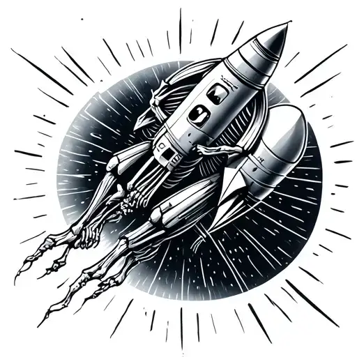 Skeleton Holding Onto A Rocket Ship Through Solar Strom