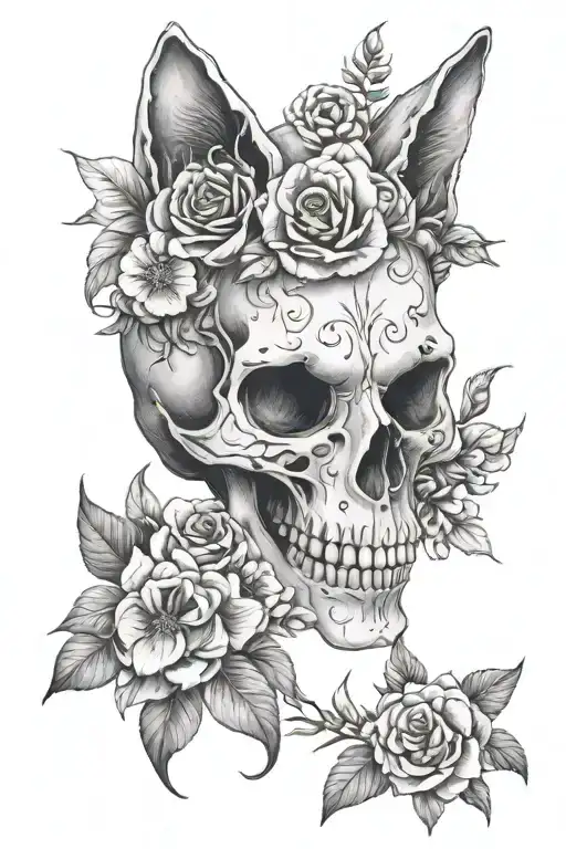 Cat Skull And Flowers
