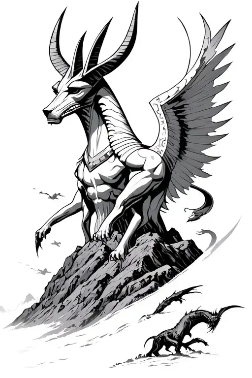 The God Anubis Rises To The Sky Over The Mountain Of Fallen Demons