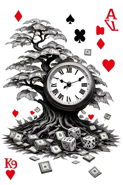 A Clock Playing Cards Dice And Money Tree Growing