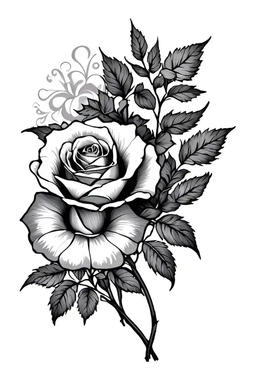 Sweet Pea Flower And Rose Intertwined