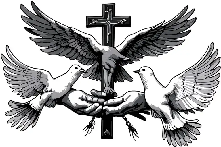 Christian Cross With Doves In Hands With