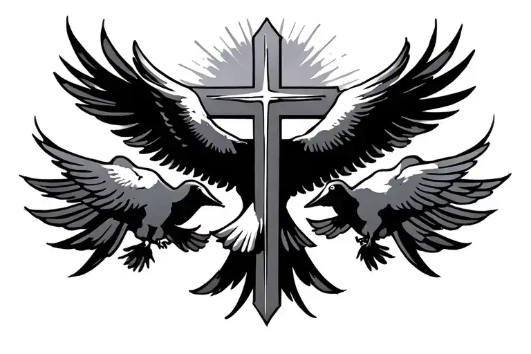 Christian Cross With Doves With Clouds And