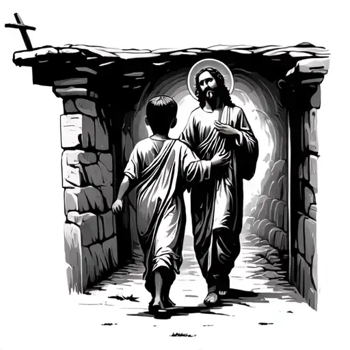 Black Child Walking With Jesus And Holding His Hand The View Should Be From The Back