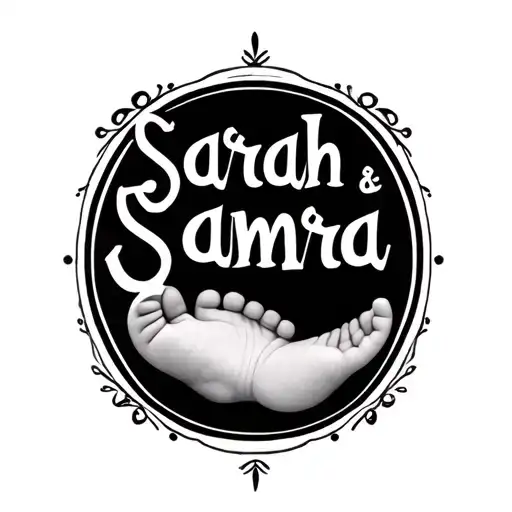 Sarah And Samra's Names In Kufic Script Inside A Frame With A Newborn Baby's Foot