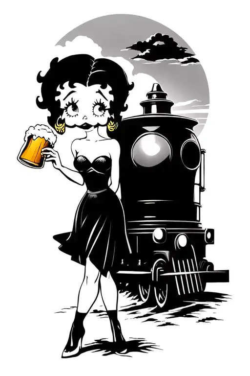 Betty Boop Drinking A Beer And Caboose Going Into Heavenly Sunset